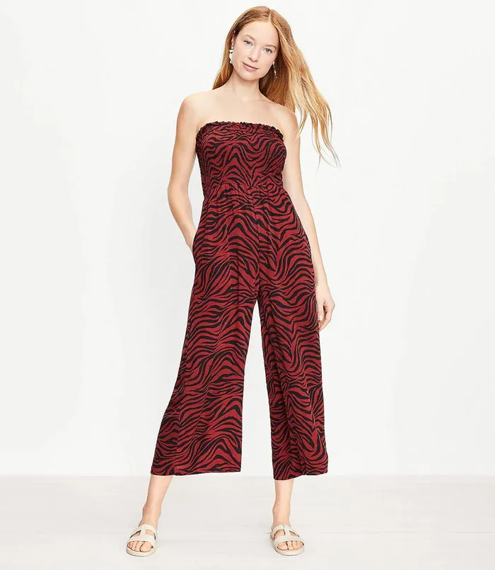 LOFT LOFT Beach Animal Print Smocked Strapless Jumpsuit Henna Red Women Jumpsuits and Rompers LOFT LOFT Beach Animal Print Smocked Strapless Jumpsuit Henna Red Women Jumpsuits and Rompers