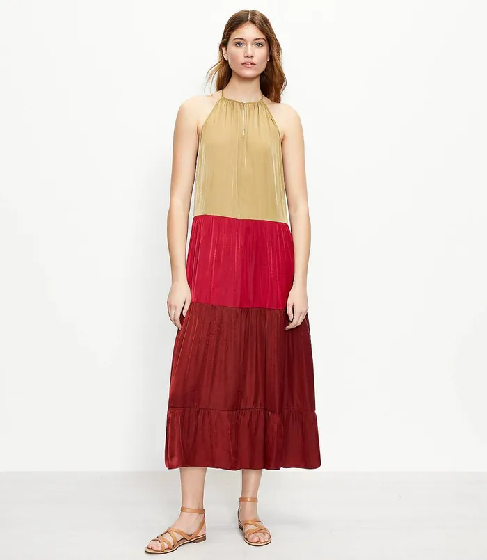 LOFT LOFT Beach Colorblock Tiered Halter Midi Dress Henna Red Women Midi and Maxi LOFT LOFT Beach Colorblock Tiered Halter Midi Dress Henna Red Women Midi and Maxi