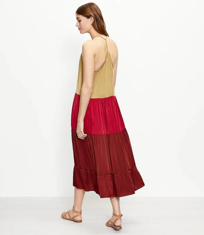 LOFT LOFT Beach Colorblock Tiered Halter Midi Dress Henna Red Women Midi and Maxi