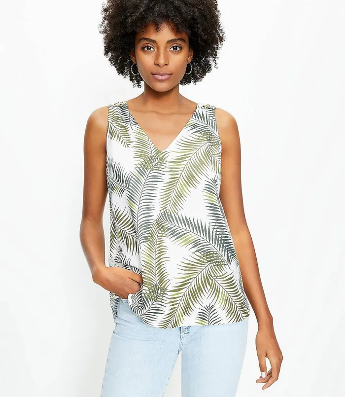 LOFT Palm Shoulder Button VNeck Shell Whisper White Women Petite Tops