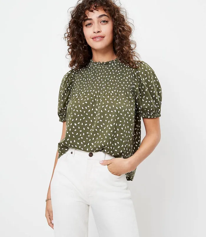 LOFT Petite Brushstroke Smocked Puff Shoulder Tee Wild Vine Women Petite Tees