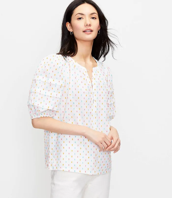 LOFT Petite Clip Pintucked Puff Sleeve Top White Women Petite Tops