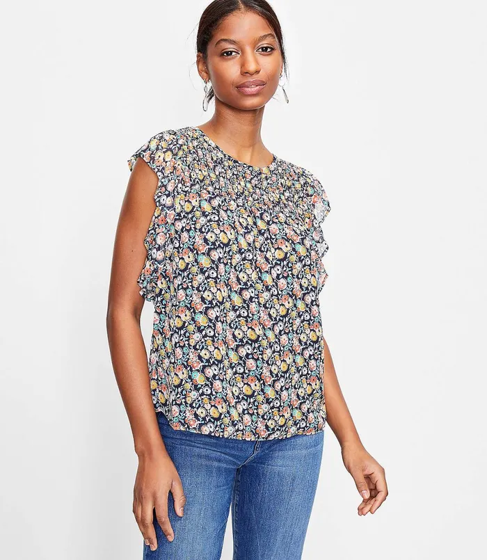 LOFT Petite Floral Smocked Flutter Sleeve Shell Forever Navy Women Petite Tops LOFT Petite Floral Smocked Flutter Sleeve Shell Forever Navy Women Petite Tops