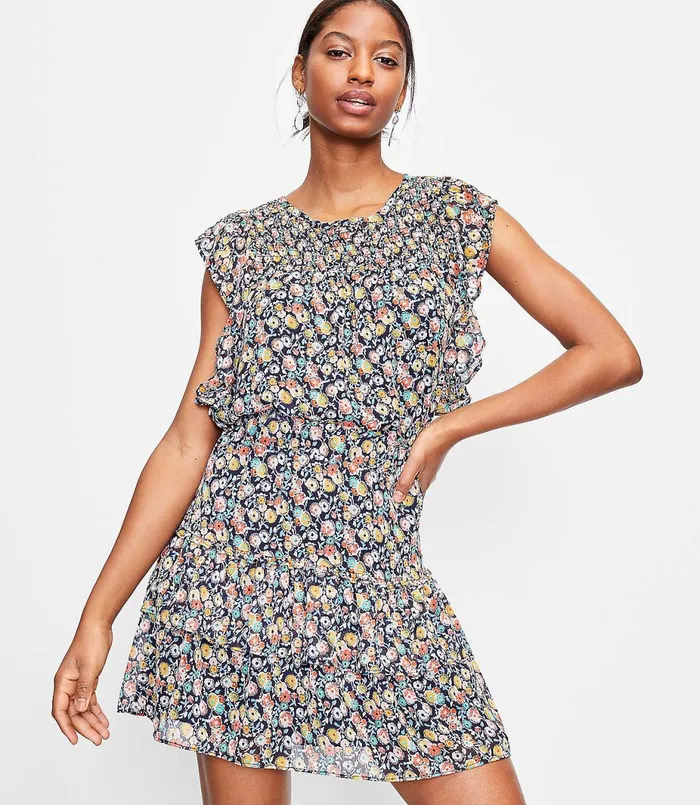 LOFT Petite Floral Smocked Flutter Sleeve Shell Forever Navy Women Petite Tops