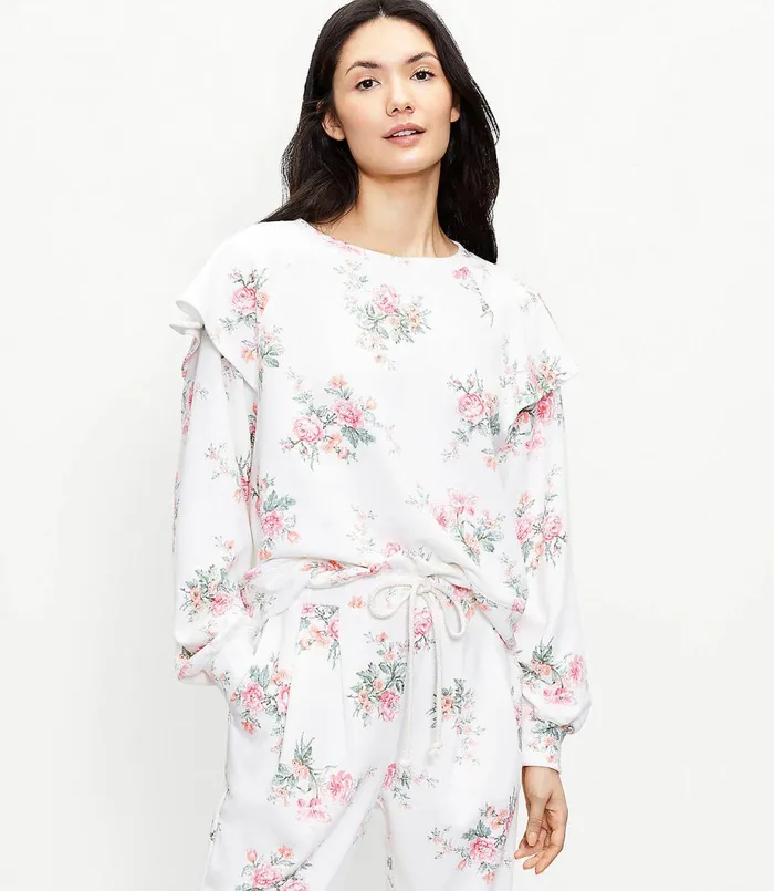 LOFT Petite Lou and Grey Bouquet Ruffle Terry Sweatshirt Whisper White Women Petite Tops