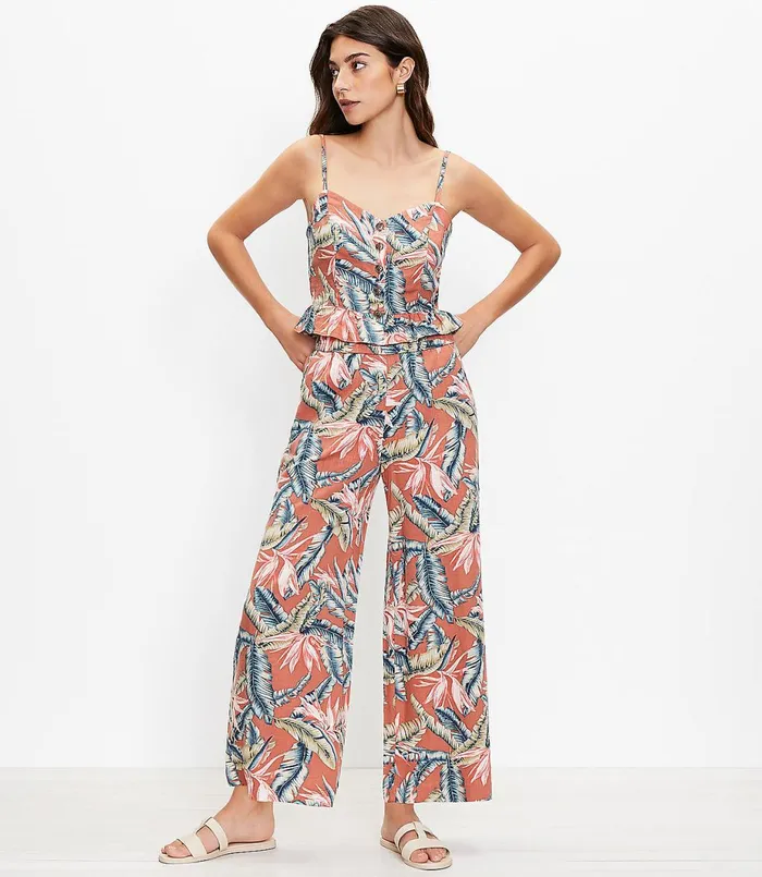 LOFT Petite Pull On Wide Leg Pants In Birds Of Paradise Linen Blend Rich Chestnut Women Petite Pants
