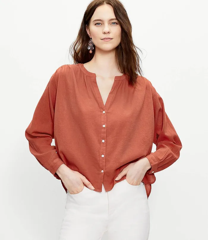LOFT Petite Smocked Shirt Coastal Glow Women Petite Tops
