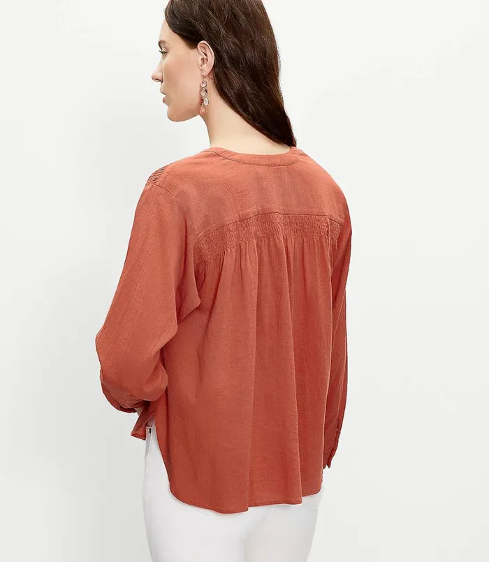 LOFT Petite Smocked Shirt Coastal Glow Women Petite Tops