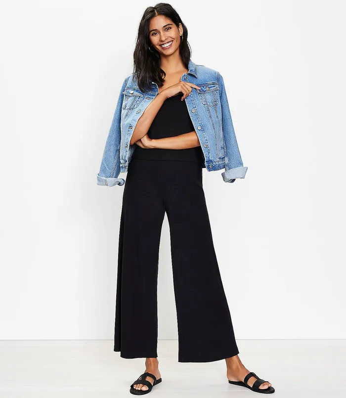 LOFT Pull On Wide Leg Crop Pants In Rib Knit Black Women Pants