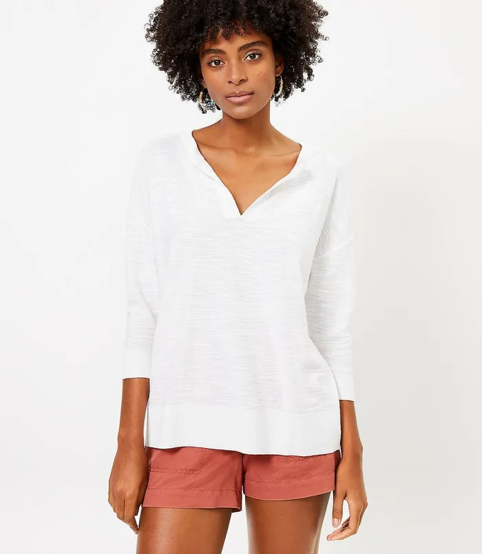 LOFT Split Neck Tunic Sweater Pebble Grey Heather Women Sweaters