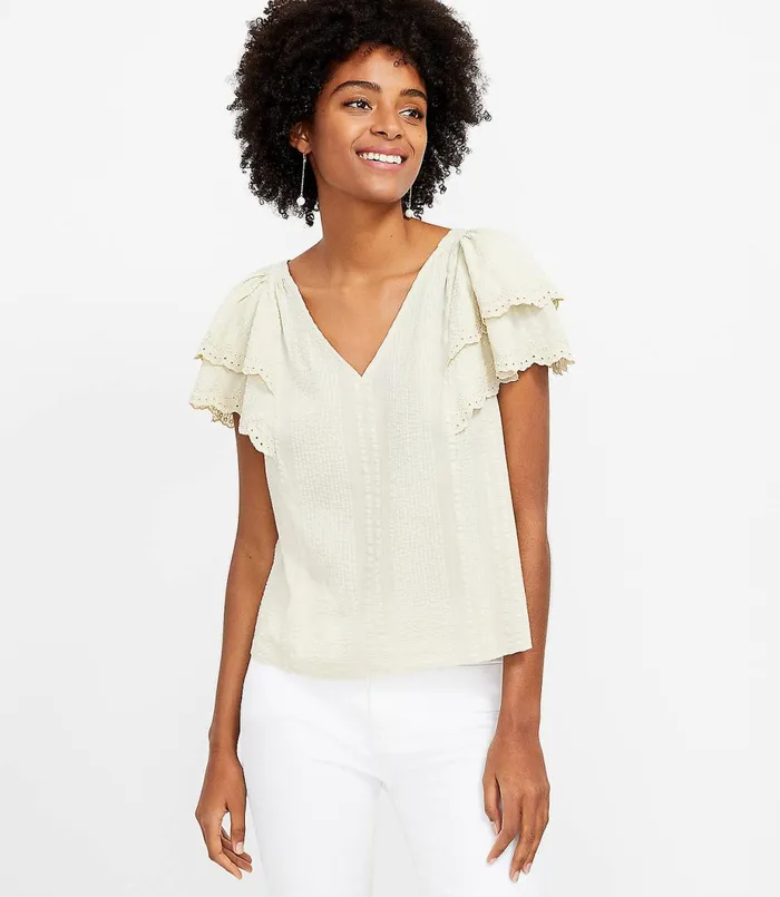 LOFT Striped Flutter Sleeve VNeck Top White Women Tops