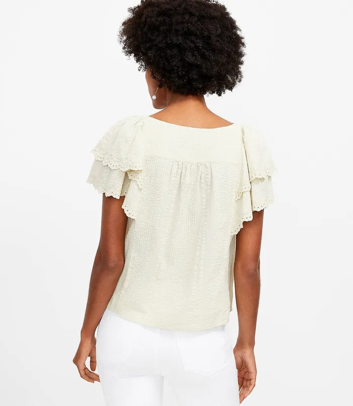 LOFT Striped Flutter Sleeve VNeck Top White Women Tops