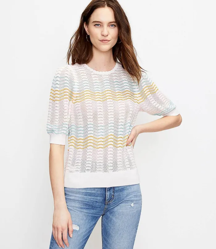 LOFT Striped Pointelle Puff Sleeve Sweater Tee Whisper White Women Sweaters