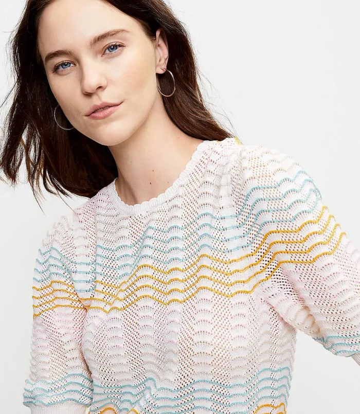 LOFT Striped Pointelle Puff Sleeve Sweater Tee Whisper White Women Sweaters