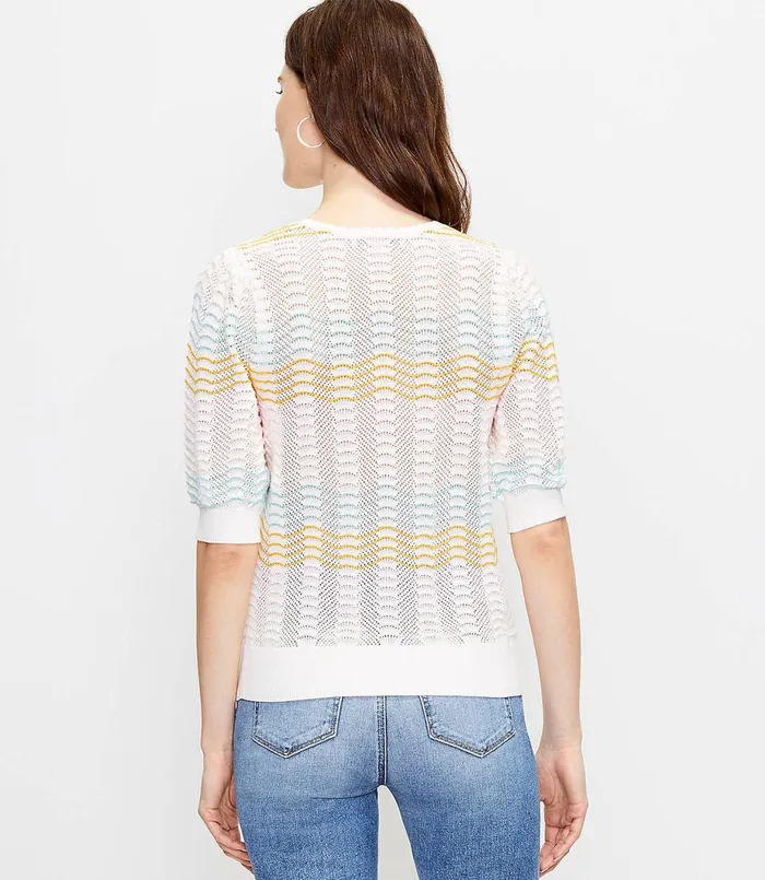 LOFT Striped Pointelle Puff Sleeve Sweater Tee Whisper White Women Sweaters