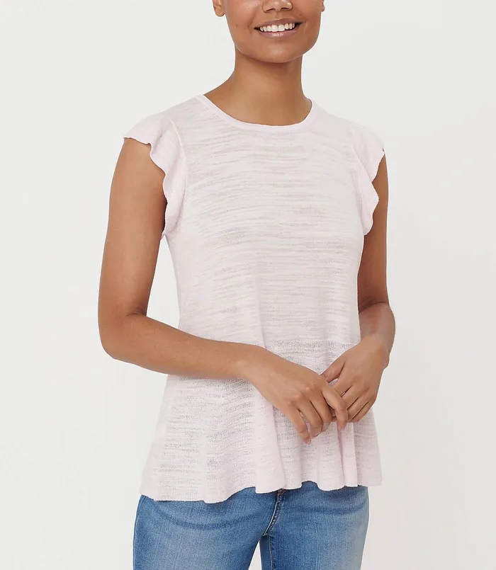 LOFT Striped Ruffle Sleeve Peplum Sweater Budding Rose Women Sweaters