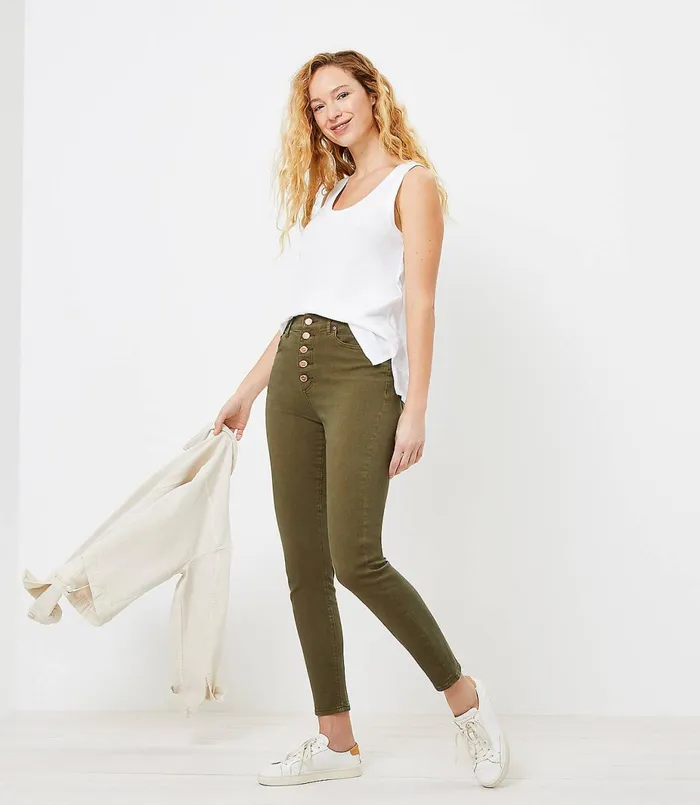 LOFT The High Waist Button Front Skinny Jean In Vintage Olive Vintage Olive Women Jeans