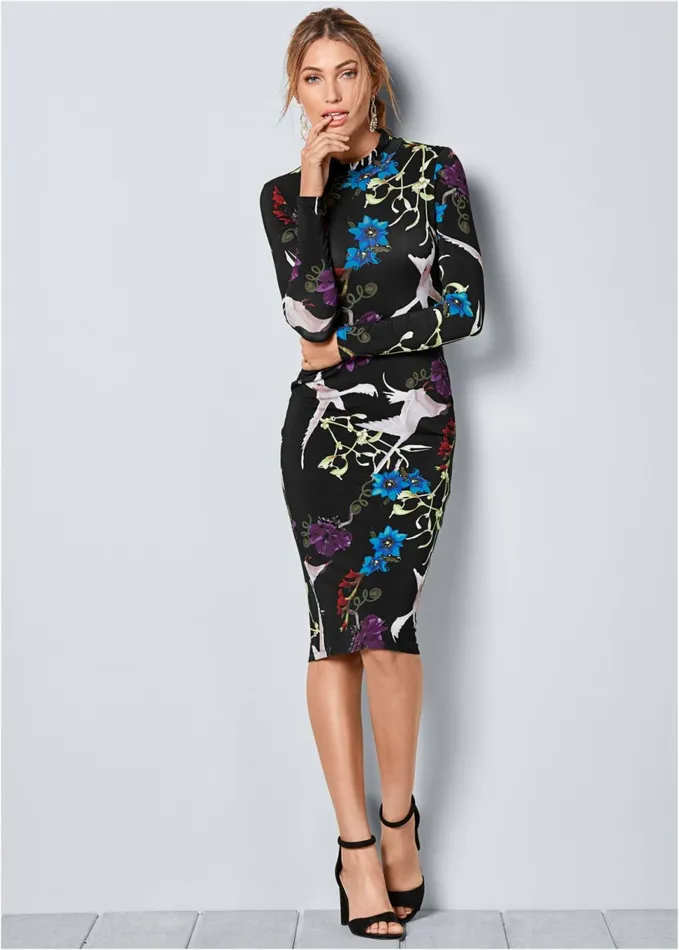 LONG SLEEVE PRINTED DRESS Black Multi Women VENUS Midi Dresses