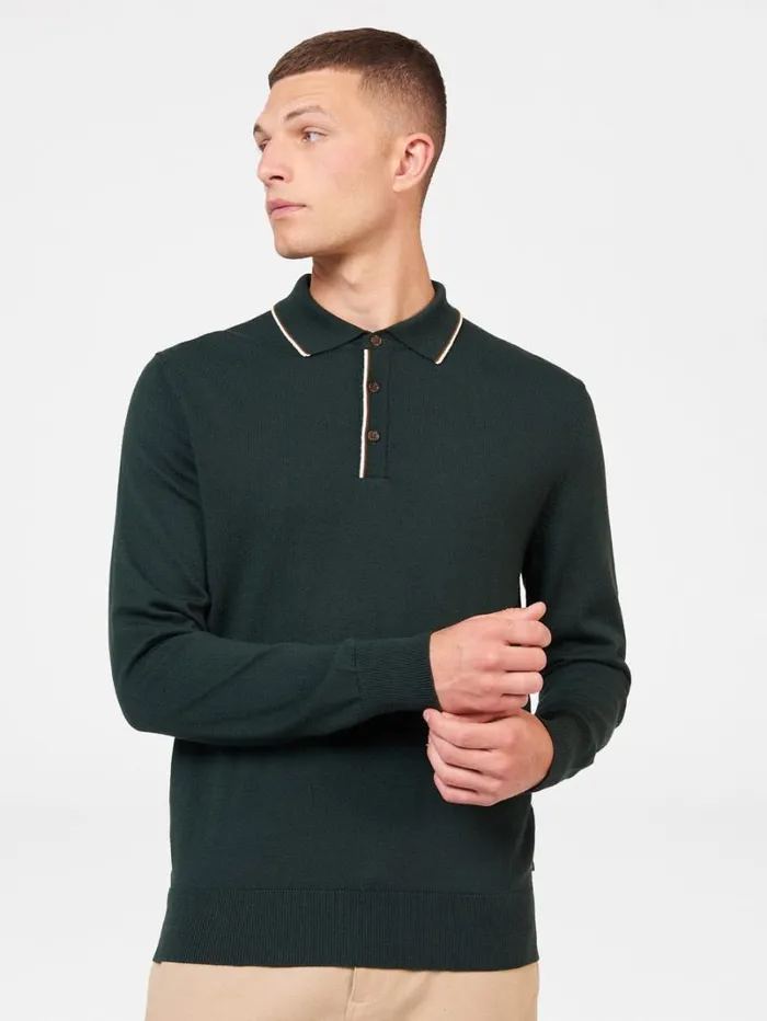 Men Ben Sherman Mod Knit Polos Tipped Merino Knit Polo 8211 Dark Green
