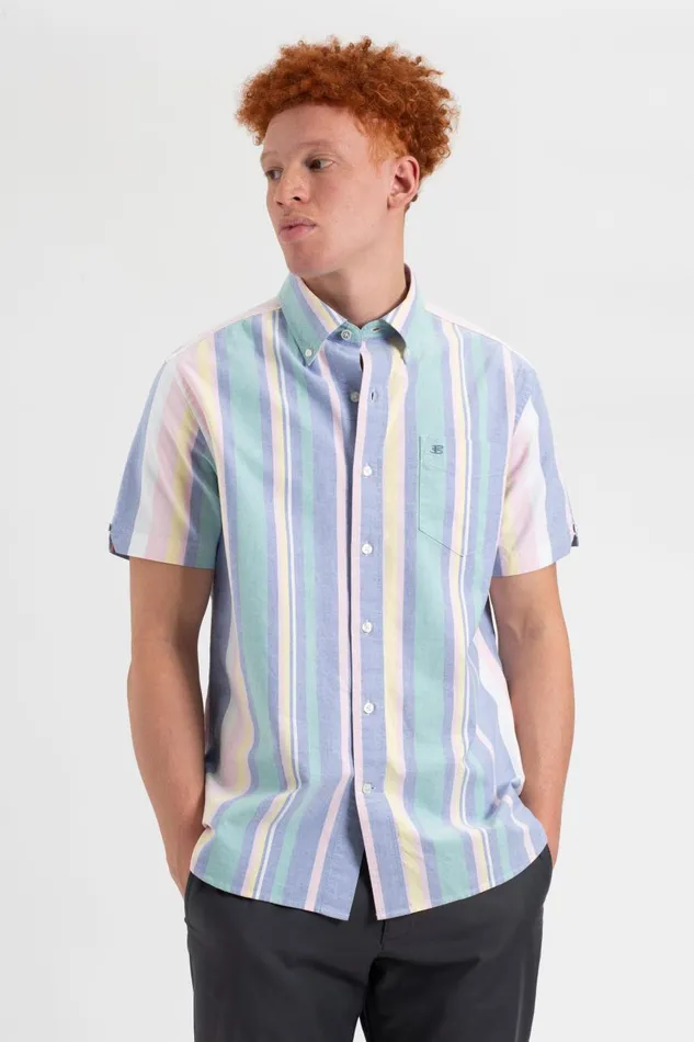 Men Ben Sherman Oxford Shirts Short Sleeve Brighton Oxford Organic Stripe Shirt