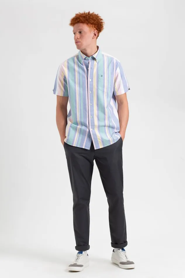 Men Ben Sherman Oxford Shirts Short Sleeve Brighton Oxford Organic Stripe Shirt