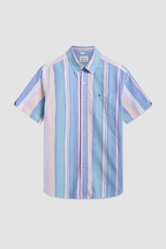 Men Ben Sherman Oxford Shirts Short Sleeve Brighton Oxford Organic Stripe Shirt