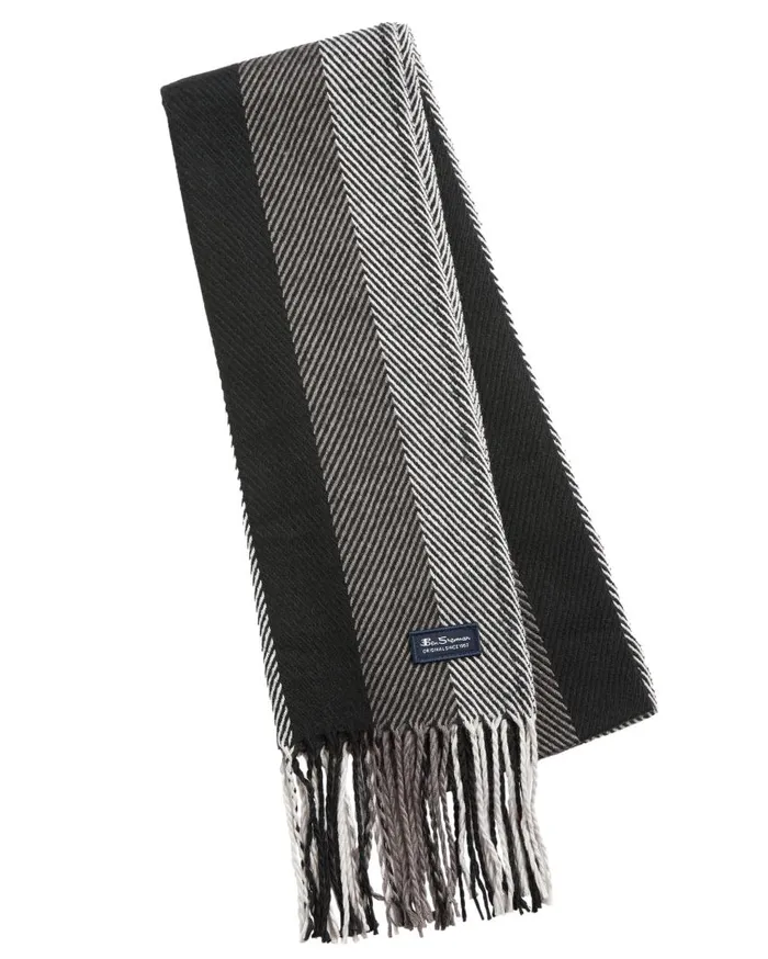Men Ben Sherman Scarves and Cold Weather Herringbone Stripe Scarf 8211 True BlackOdyssey Grey