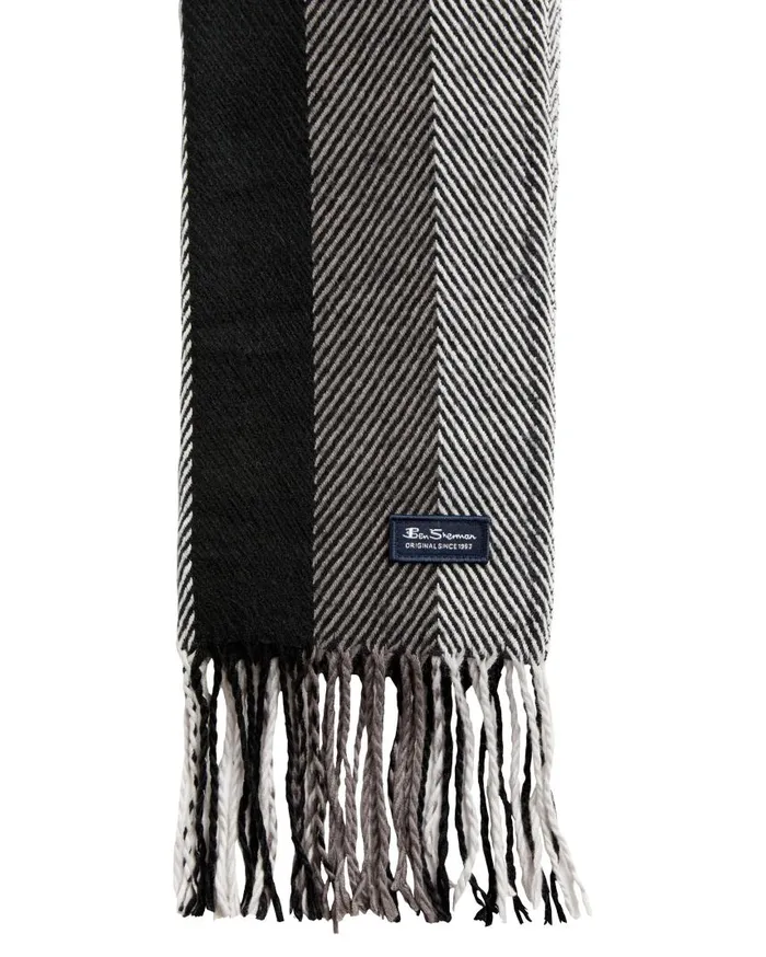 Men Ben Sherman Scarves and Cold Weather Herringbone Stripe Scarf 8211 True BlackOdyssey Grey