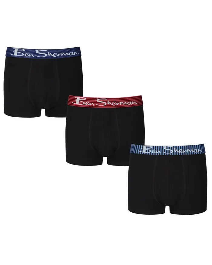 Men Ben Sherman Underwear Clark 3Pack Fitted NoFly BoxerBriefs 8211 Black With Blue Delft Red Stripe Men Ben Sherman Underwear Clark 3Pack Fitted NoFly BoxerBriefs 8211 Black With Blue Delft Red Stripe
