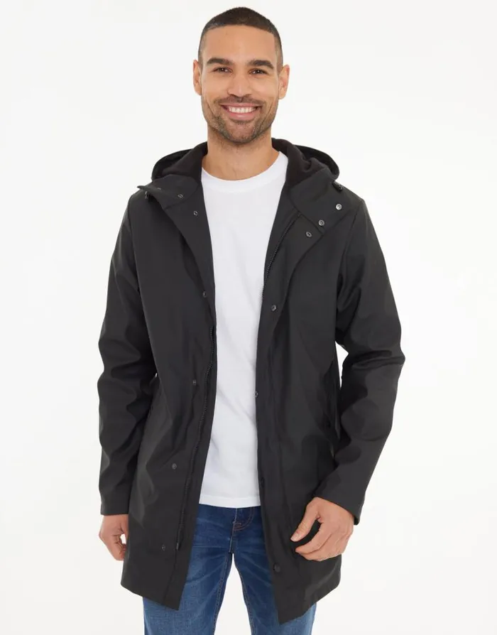 Men Black Microfleece Lined Longline Hooded Raincoat Threadbare Coats