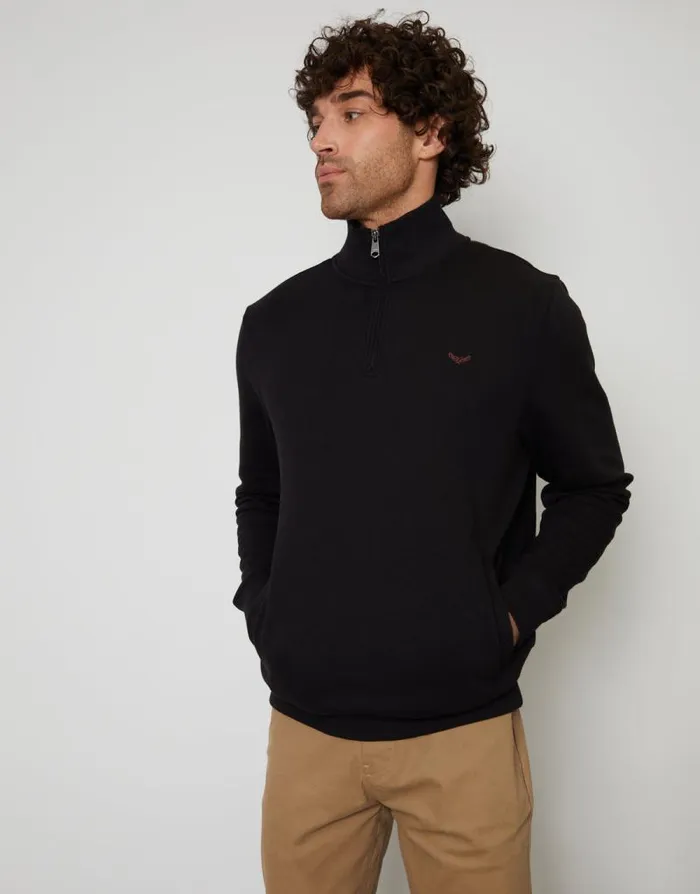 Men Black Quarter Zip Knitted Sweatshirt Threadbare Jumpers