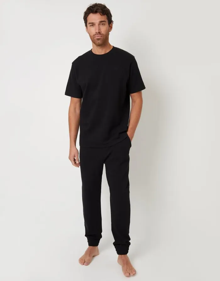Men Black Textured Short Sleeve TShirt and Jogger Pyjamas 2Piece Set Threadbare Loungewear Sets