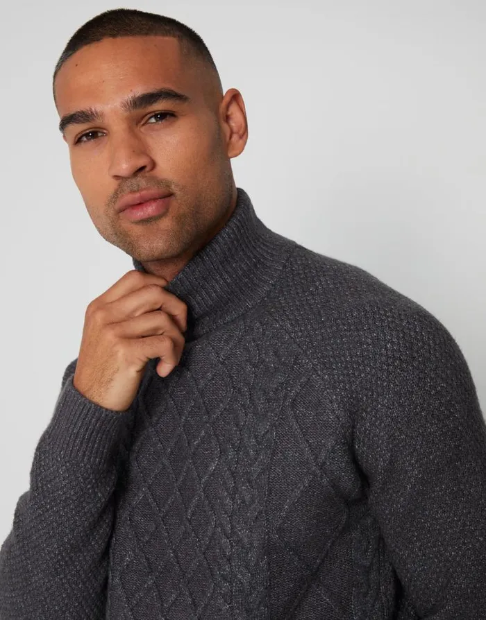 Men Charcoal Cable Knit Turtle Neck Jumper Threadbare Jumpers