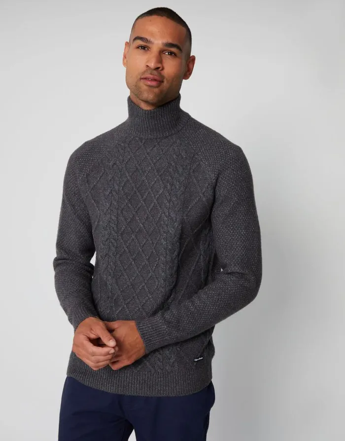 Men Charcoal Cable Knit Turtle Neck Jumper Threadbare Jumpers
