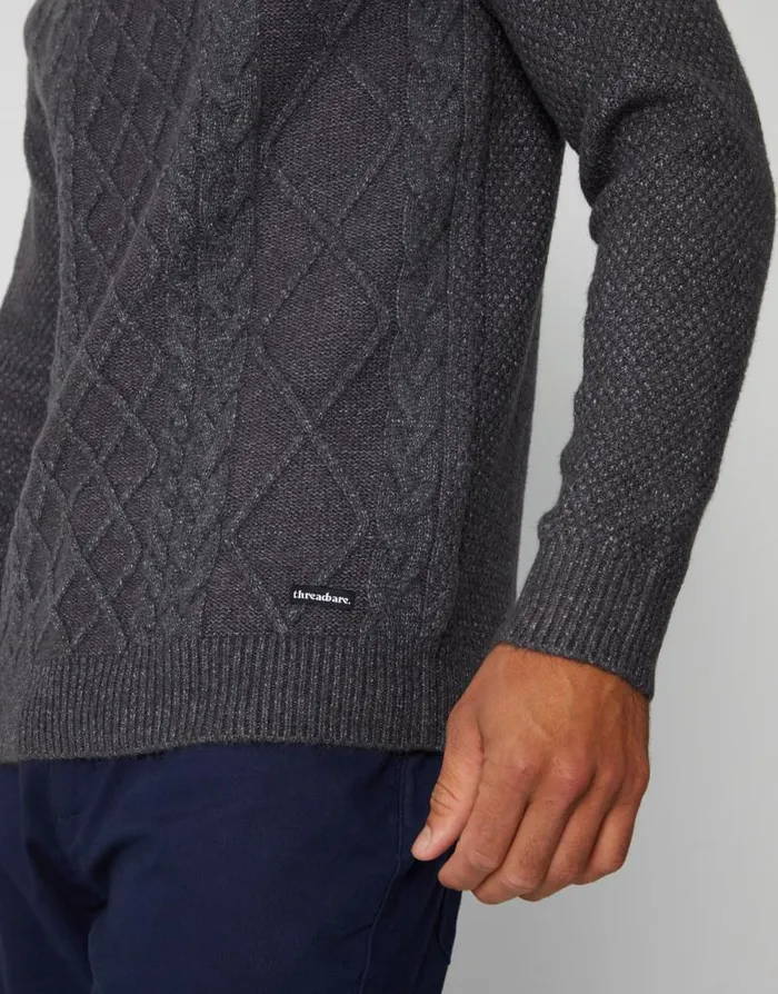 Men Charcoal Cable Knit Turtle Neck Jumper Threadbare Jumpers