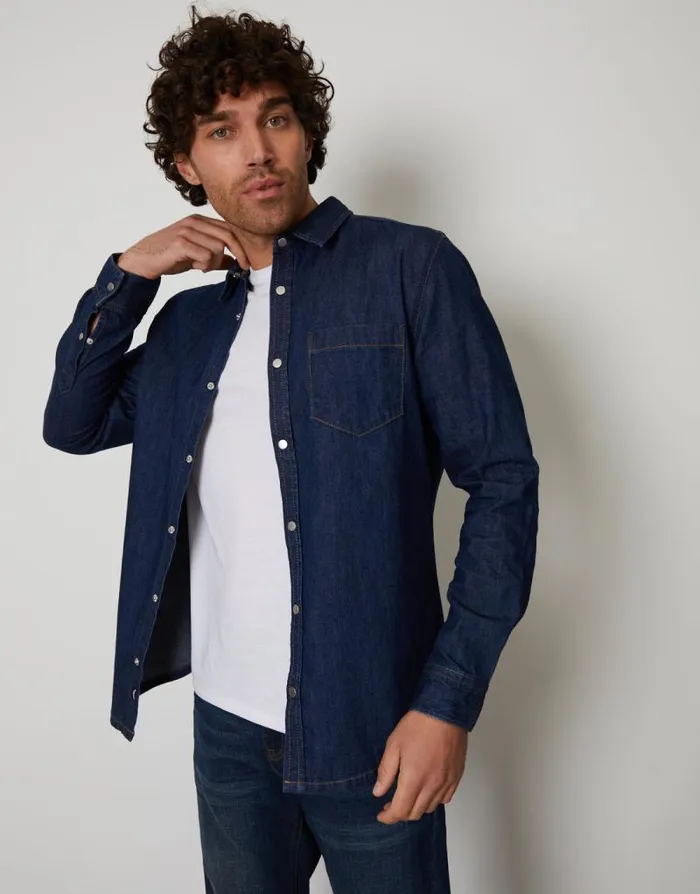 Men Dark Wash Denim Long Sleeve Shirt Threadbare Shirts