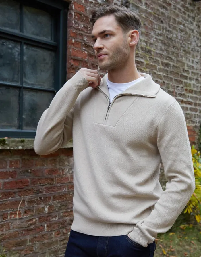 Men Ecru Rib Panel Quarter Zip Jumper Threadbare Jumpers