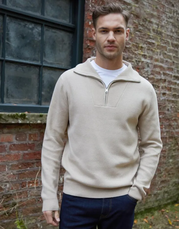 Men Ecru Rib Panel Quarter Zip Jumper Threadbare Jumpers Men Ecru Rib Panel Quarter Zip Jumper Threadbare Jumpers