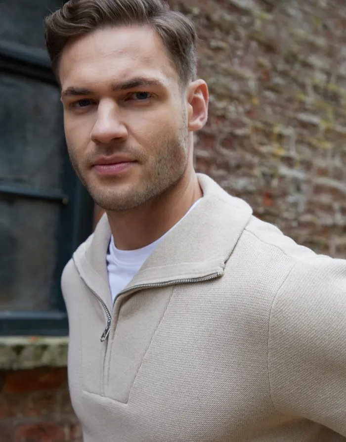 Men Ecru Rib Panel Quarter Zip Jumper Threadbare Jumpers Men Ecru Rib Panel Quarter Zip Jumper Threadbare Jumpers