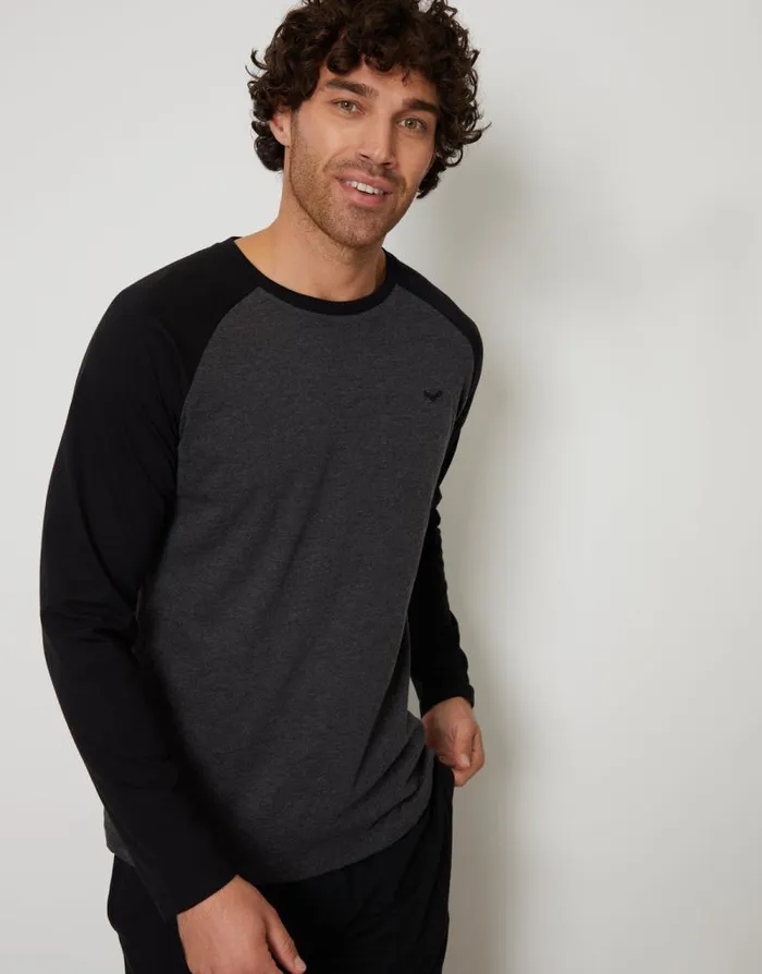 Men Grey and Black Raglan Sleeve Pyjamas 2Piece Set Threadbare Pyjamas