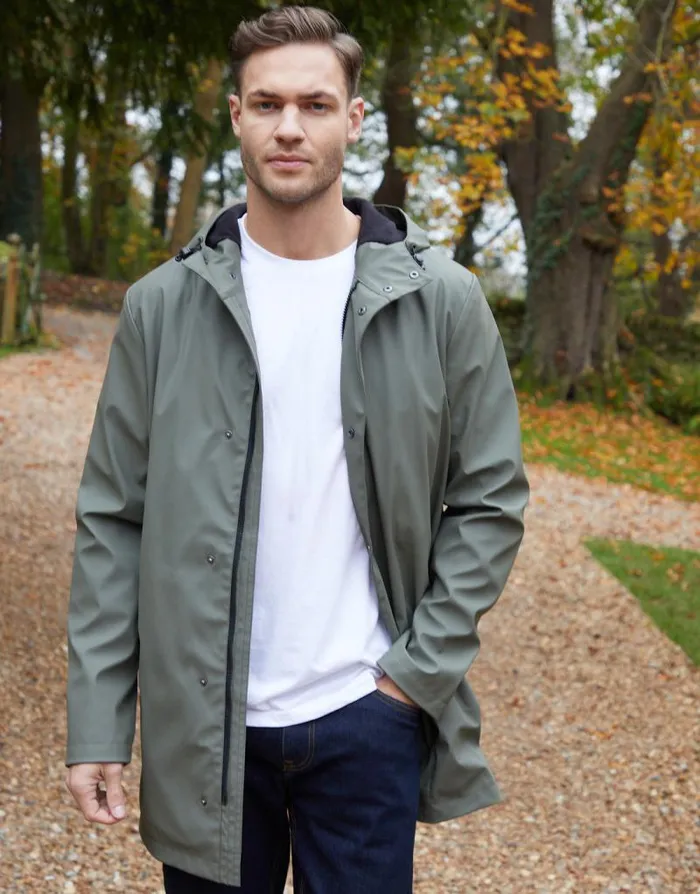 Men Khaki Microfleece Lined Longline Hooded Raincoat Threadbare Coats