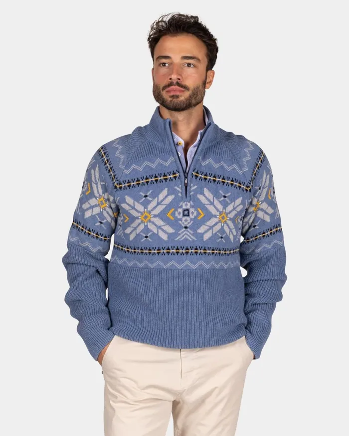 Men Knitwear NZA New Zealand Auckland Blue HalfZip Pullover With Colored Pattern 8211 Mineral Blue
