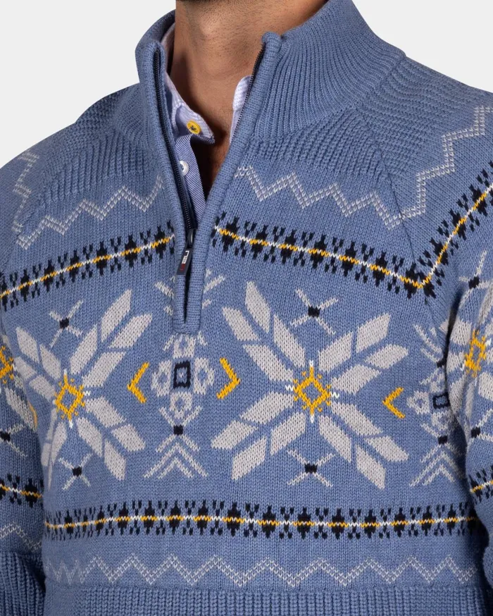 Men Knitwear NZA New Zealand Auckland Blue HalfZip Pullover With Colored Pattern 8211 Mineral Blue
