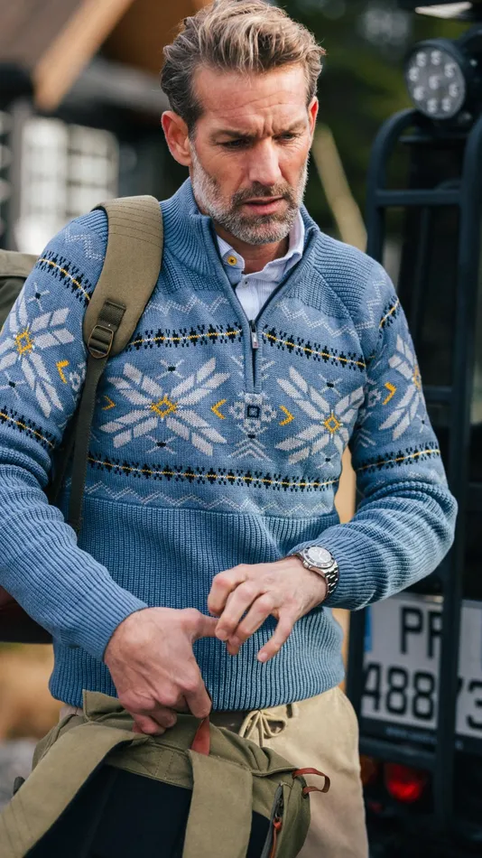 Men Knitwear NZA New Zealand Auckland Blue HalfZip Pullover With Colored Pattern 8211 Mineral Blue