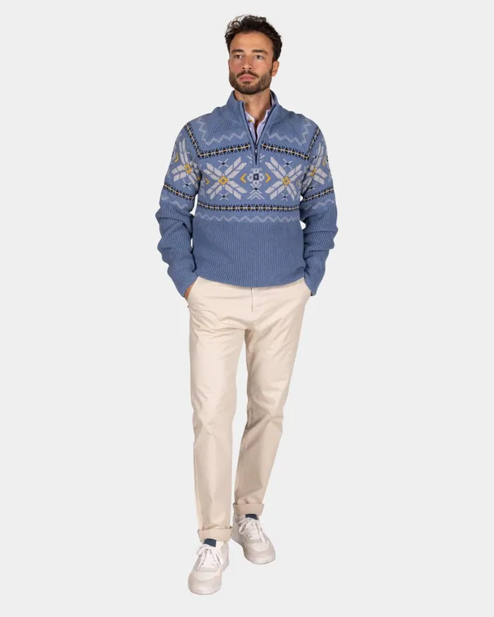 Men Knitwear NZA New Zealand Auckland Blue HalfZip Pullover With Colored Pattern 8211 Mineral Blue