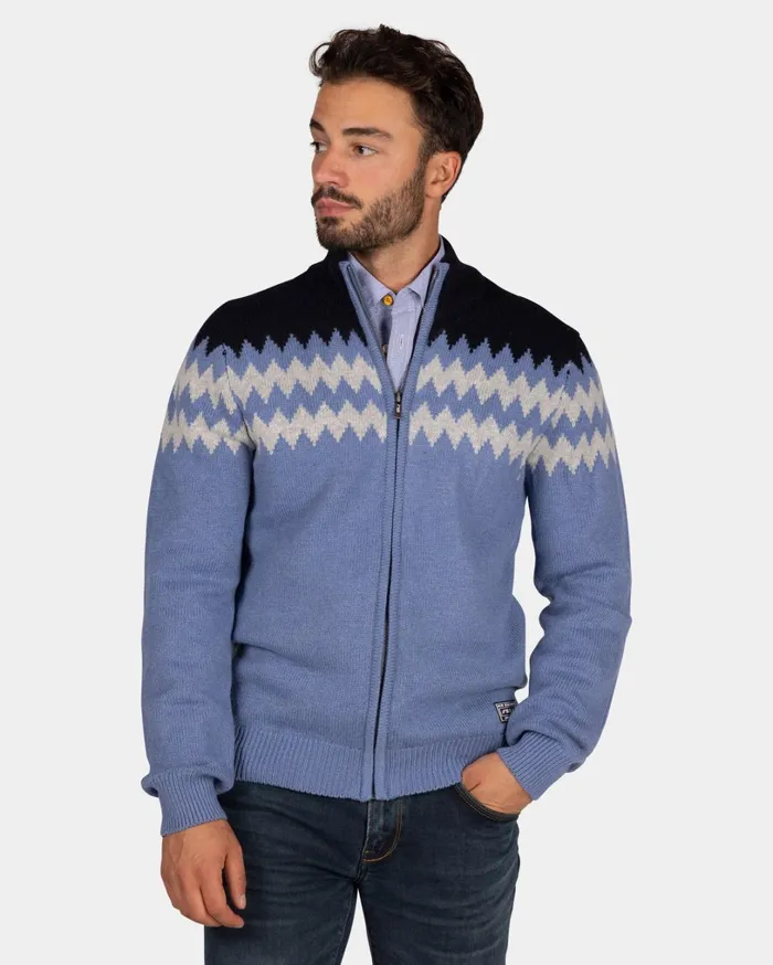 Men Knitwear NZA New Zealand Auckland Blue Wool Cardigan With White Pattern 8211 Mineral Blue