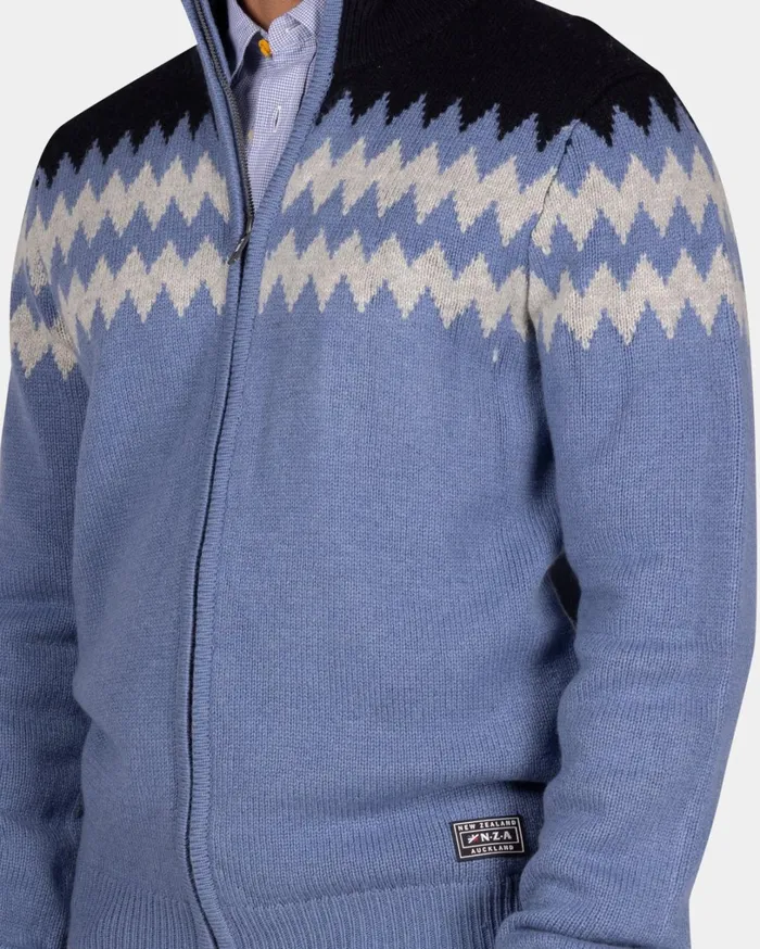 Men Knitwear NZA New Zealand Auckland Blue Wool Cardigan With White Pattern 8211 Mineral Blue