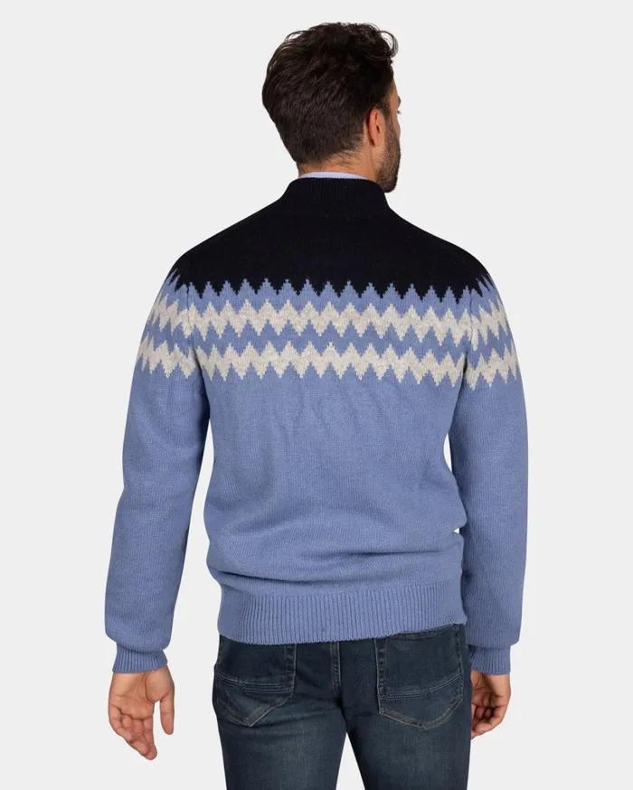 Men Knitwear NZA New Zealand Auckland Blue Wool Cardigan With White Pattern 8211 Mineral Blue