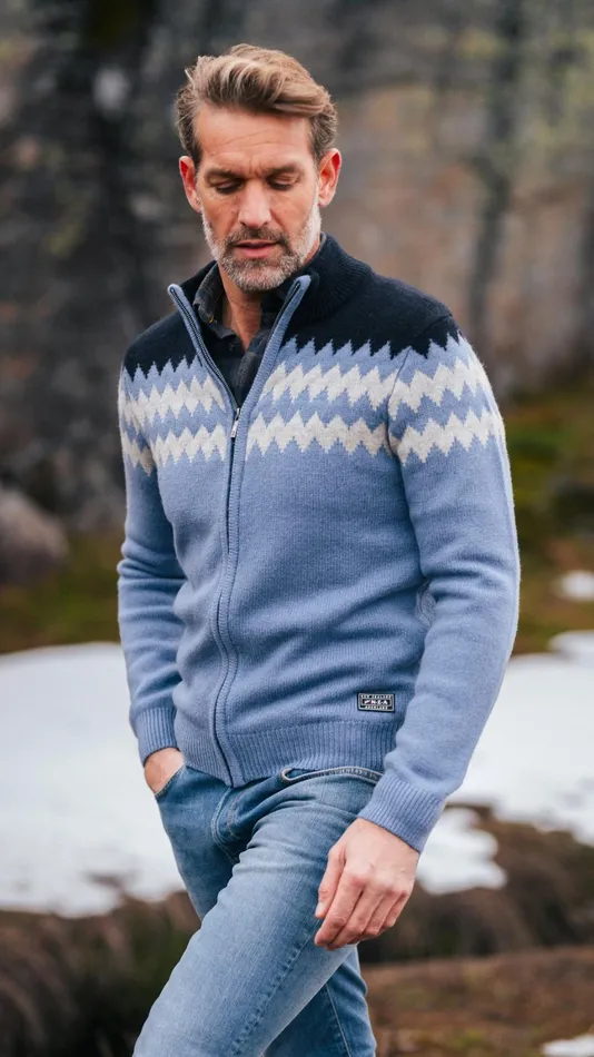 Men Knitwear NZA New Zealand Auckland Blue Wool Cardigan With White Pattern 8211 Mineral Blue