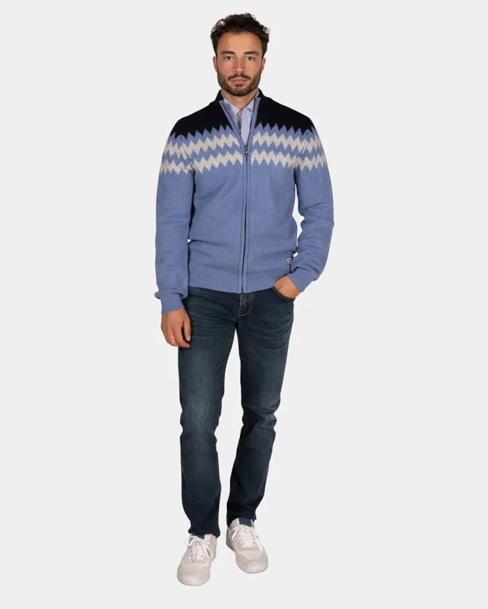 Men Knitwear NZA New Zealand Auckland Blue Wool Cardigan With White Pattern 8211 Mineral Blue